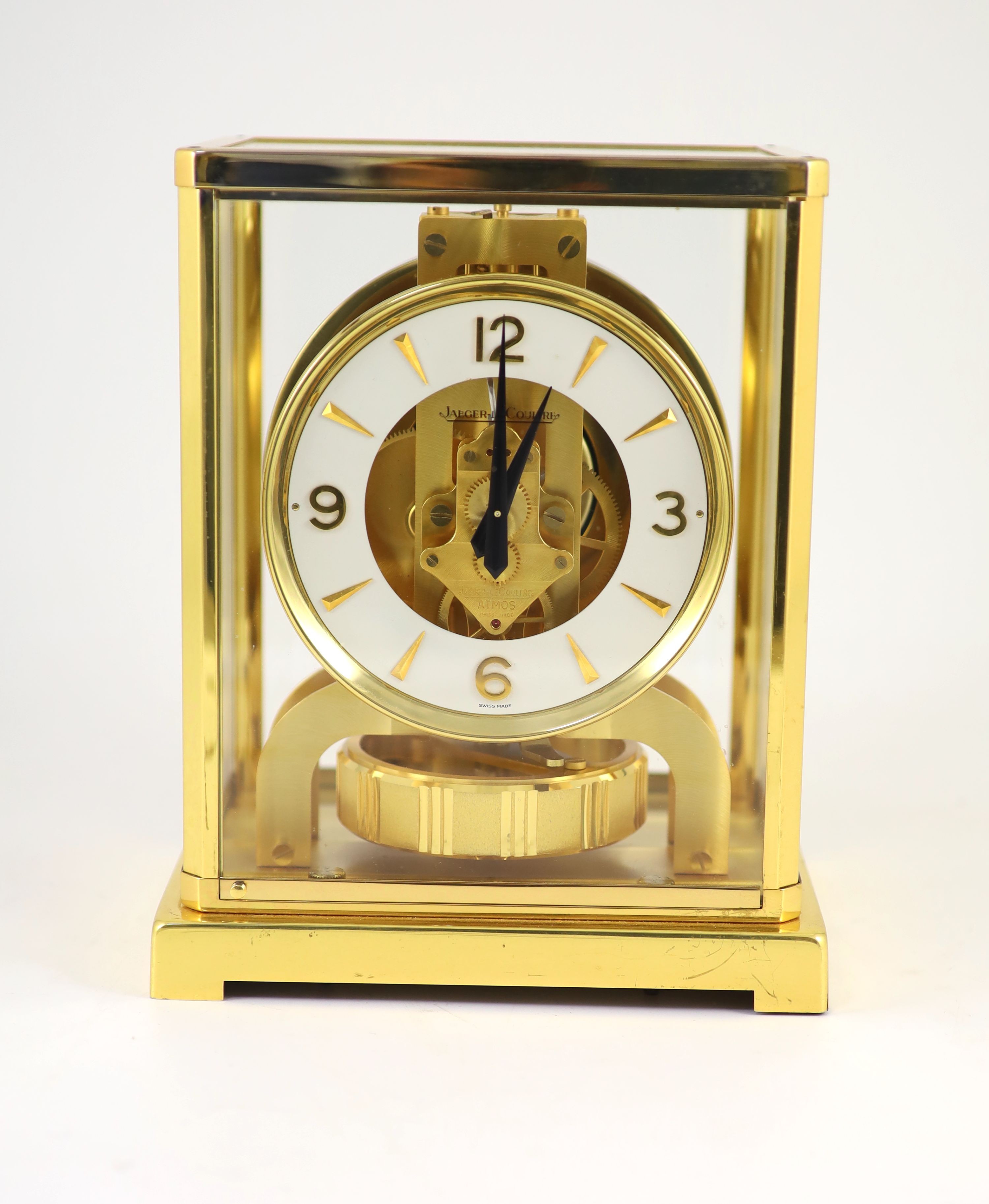 A Jaeger le Coultre gilt metal Atmos clock, width 18cm depth 13.5cm height 22cm